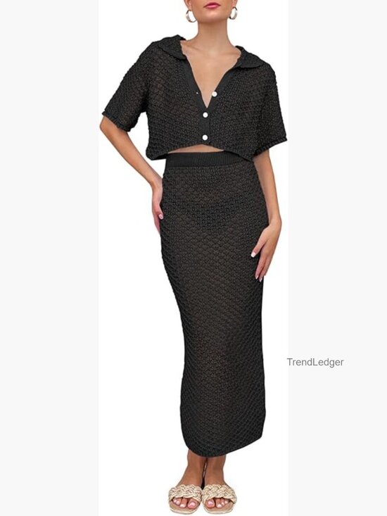 Other - Crochet Knit Crop Top & Bodycon Long Skirt 2 Piece Cover Up Set